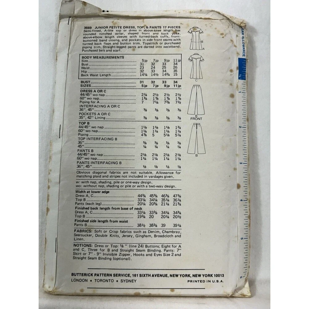 Vintage 70s Butterick 3569 A-Line Button Front Dress Sewing Pattern Junior 9JP